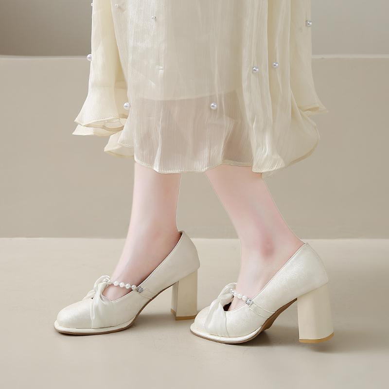 Bead Bow Lace Women High Heels Mary Janes Shoes Designer Fashion Shallow Sandals 2025 New Autumn Pumps Party Zapatillas De Mujer