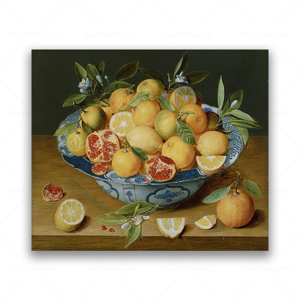 Vintage meyve ağacı natürmort tuval boyama şeftali nar elma limon portakal baskılar posterler duvar sanat resmi mutfak dekoru