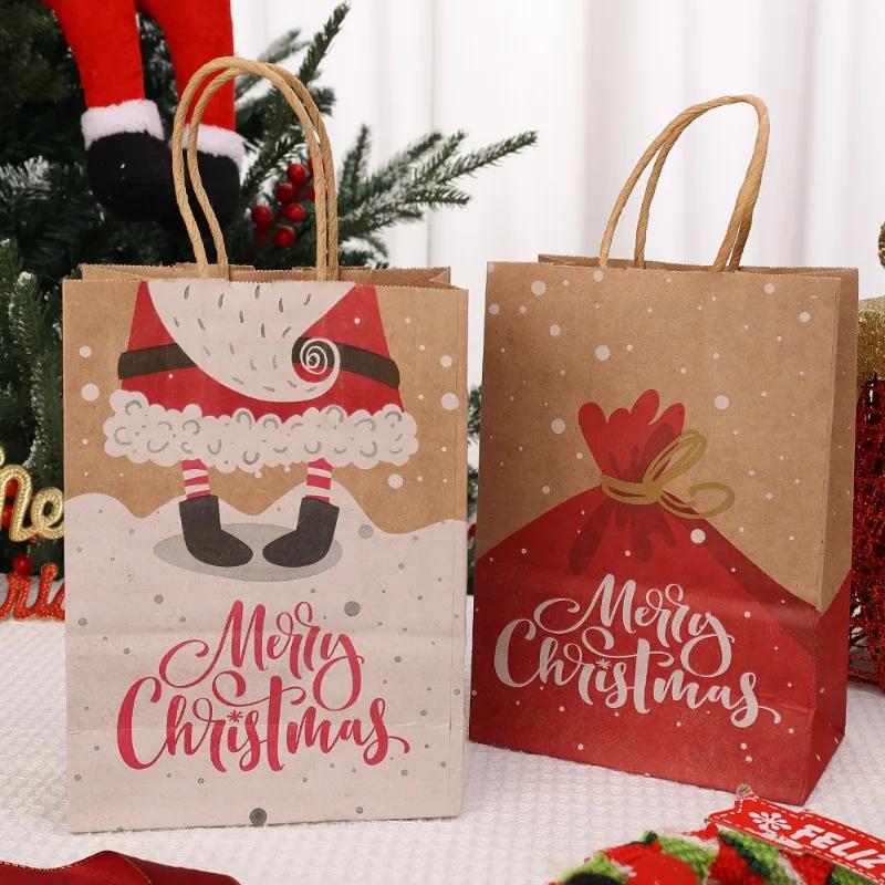 Kraft Paper Bag Christmas Packaging Gift Paper Handbag Santa Claus Snowman Pattern Merry Christmas Home Party Decor Candy Sack