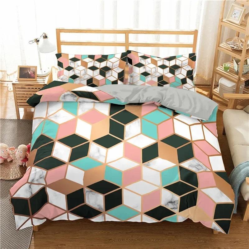 Marble Duvet Cover Queen Full for Kids Boys Girls Modern Luxury Marble Print Comforter Cover Geometric Cube Bedding Set 2/3Pcs