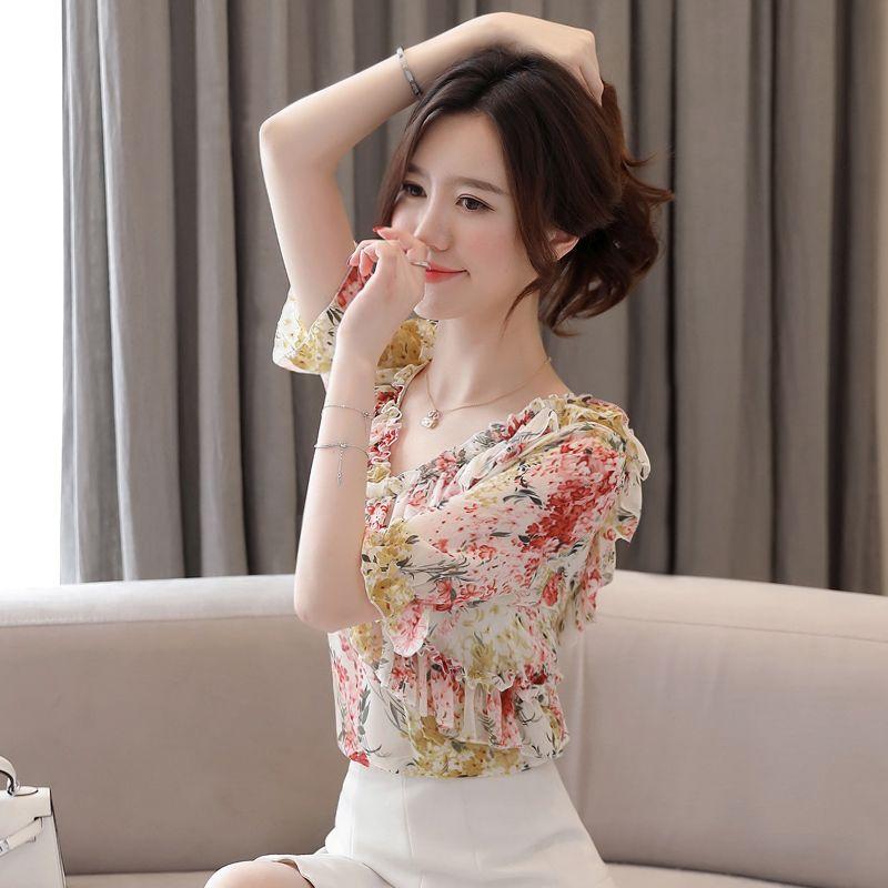 Floral Printed Chiffon Shirt Women's Summer New Women's Short Sleeve Off Shoulder Beaded Top V Neck Blouse