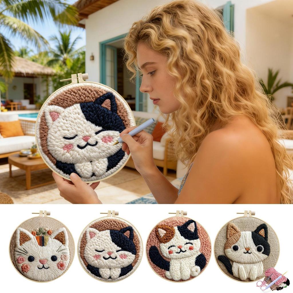 Kit Punch Needle per Adulti Principianti Tema Gatto Carino Set Ricamo Artigianale Kit Ricamo Punch per Sollievo dallo Stress Genitore-Figlio