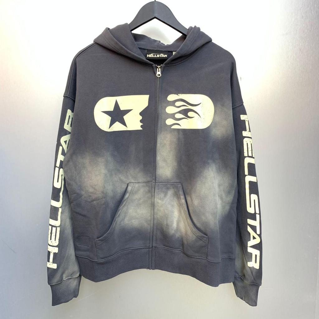 Hellstar Ausgefranster Retro Lockerer Reißverschluss Reiner Baumwoll Hoodie - Amerikanischer Hip Hop Stil