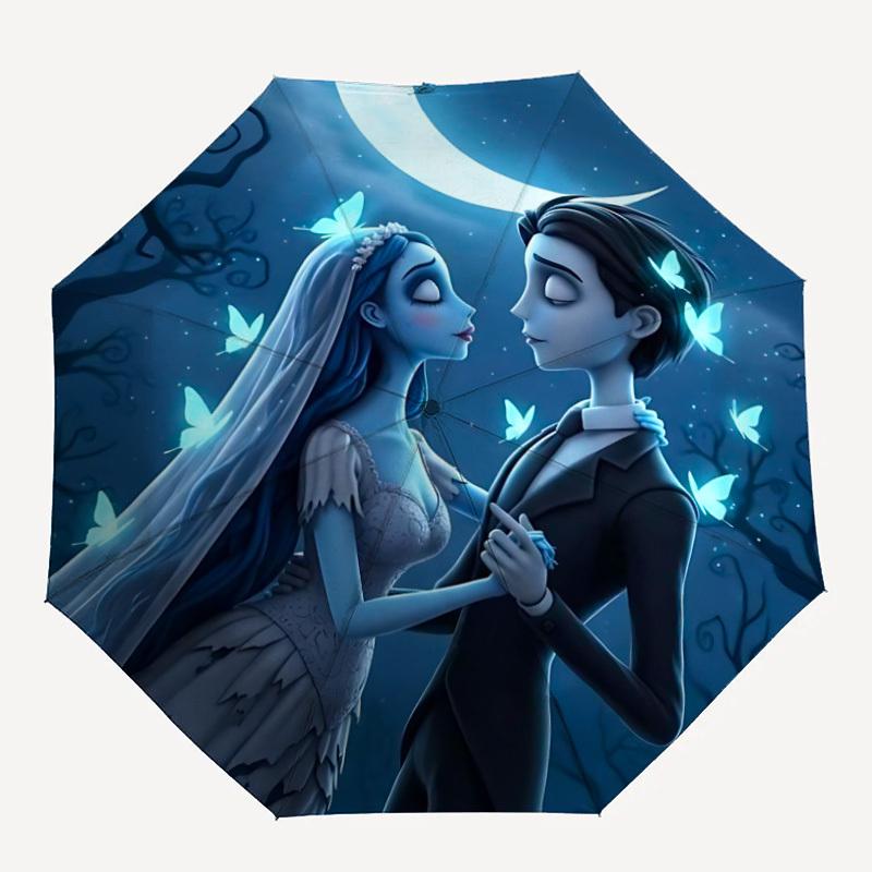 1pc Corpse Bride Moonlit Romance Automatic Folding Umbrella - Compact 8-Rib Design, Durable Plastic & Iron, Daily Use Z1230080