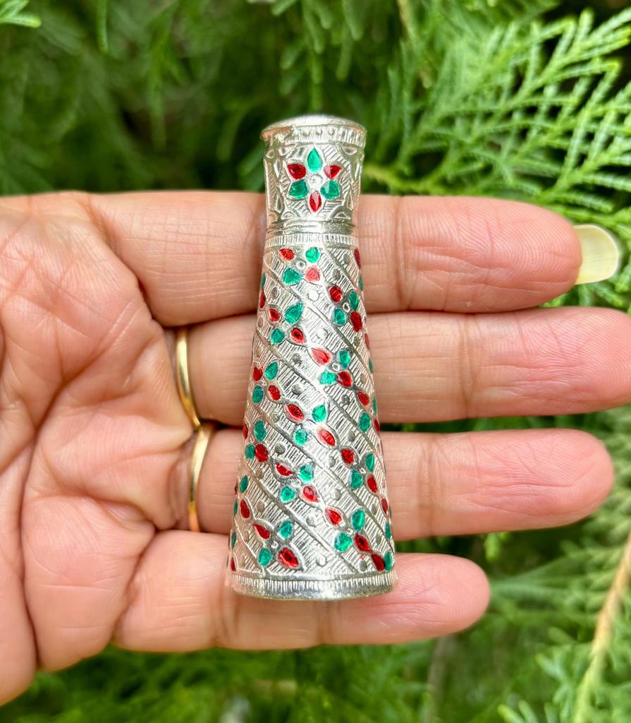 999 Silver Handmade Dry Kajal Box, Surma Kumkum Sindoor Container, Sindur dani dibbi, Elongated Enamelled, 6 cm length, Temple Pooja