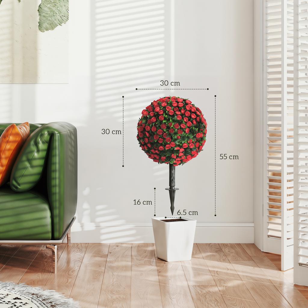 Artificial Rose Topiary Uv Resistant 2 Pack Fake Plants 55 Cm Red