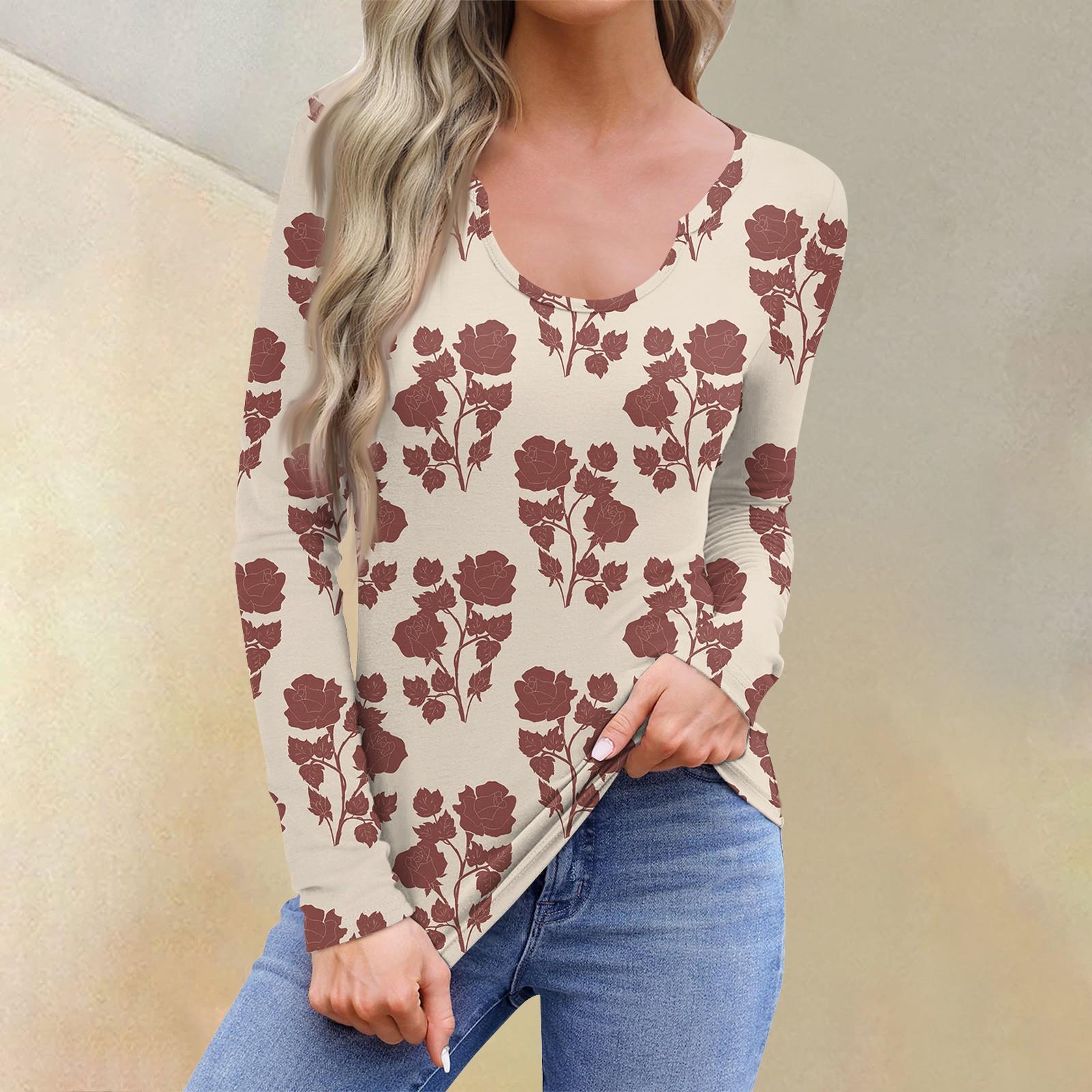 

Женская повседневная модная удобная рубашка с длинным рукавом и U-образным вырезом с цветочным принтом, футболка, топы XL винный