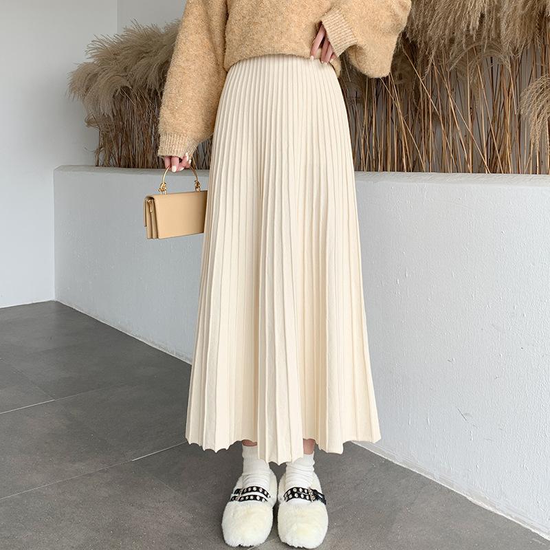 Gestrickte lange Midiröcke für Damen, elastische Taille, verdicken, elegant, Herbst/Winter, A-Linie, Strickmode, gestreift, lässig, Vintage-Rock