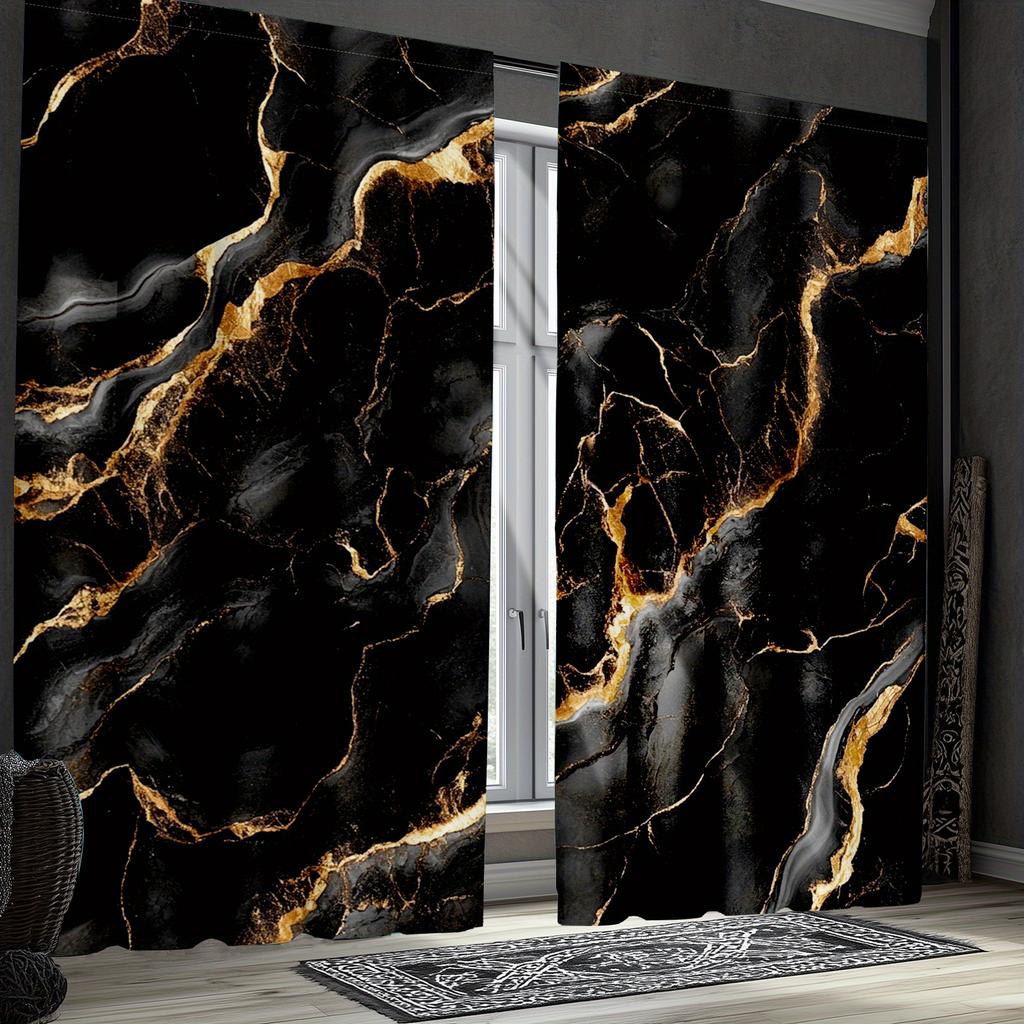 2pcs Black & Gold Marble Curtains – Flowing Gold Pattern for Elegant Home Decor