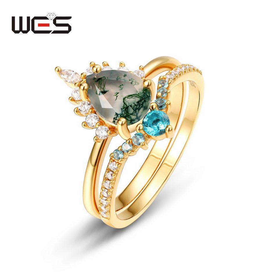WES   CopperKite Cut Natural Moss Agate Gold Ring Sets For Woman Wedding Bridal Set Valentine Gift Jewelry