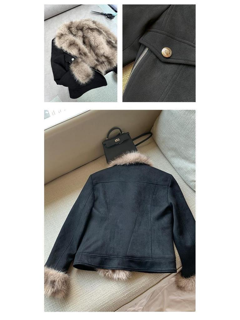 Women's Black Shearling Fur Collar Short Slim Fit Biker Jacket - Autumn/Winter Thickened Coat