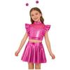 Mädchen Alien Cosplay Metallisches Outfit Strasssteine Ärmelloses Rüschen Crop Top A-Linien-Rock Haarreif-Set