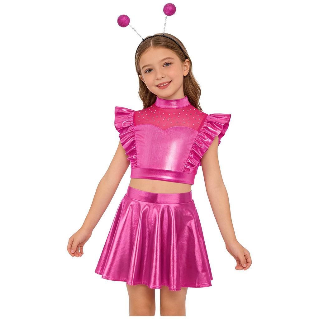 Mädchen Alien Cosplay Metallisches Outfit Strasssteine Ärmelloses Rüschen Crop Top A-Linien-Rock Haarreif-Set
