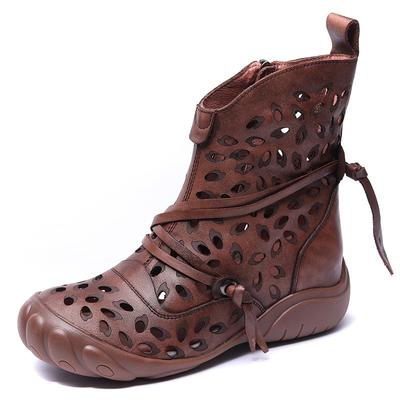 Mode 3CM Handgefertigte Damenstiefel Sommerschuhe Echtes Rindsleder Atmungsaktiv Hohl Retro Ethnisch Flach Seitenreißverschluss Gladiatorenstiefel Damen