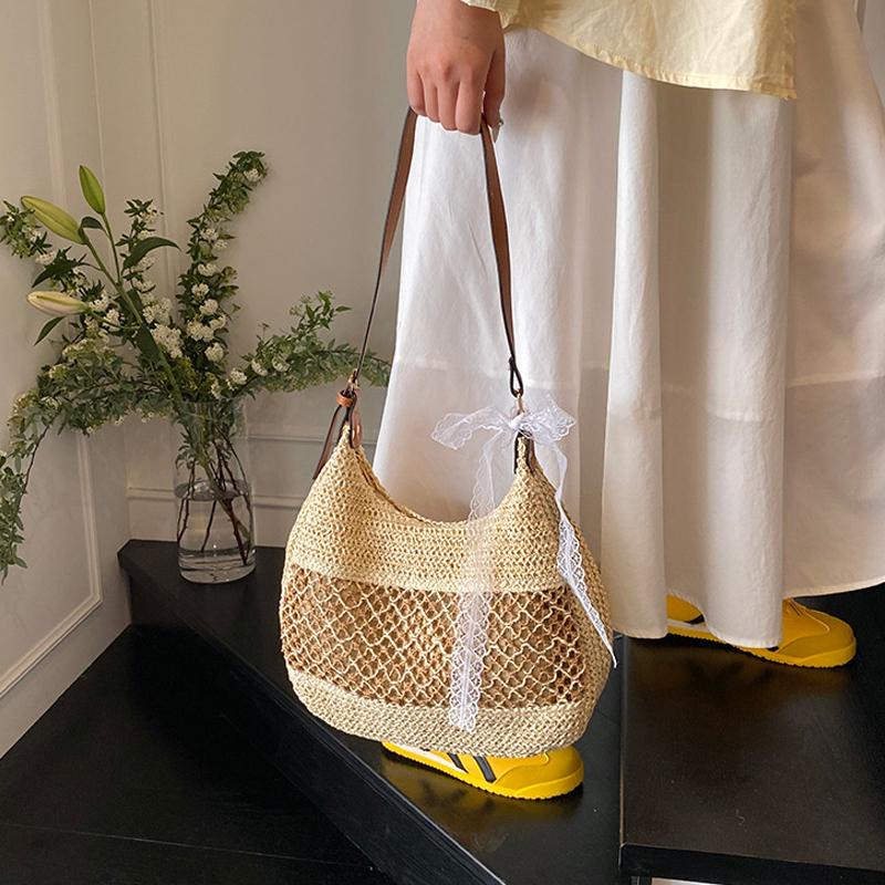 Yogodlns Women Hollow Shoulder Bag Large Capacity Straw Weaving Travel Handbag Adjustable Strap Shopper Tote Bag