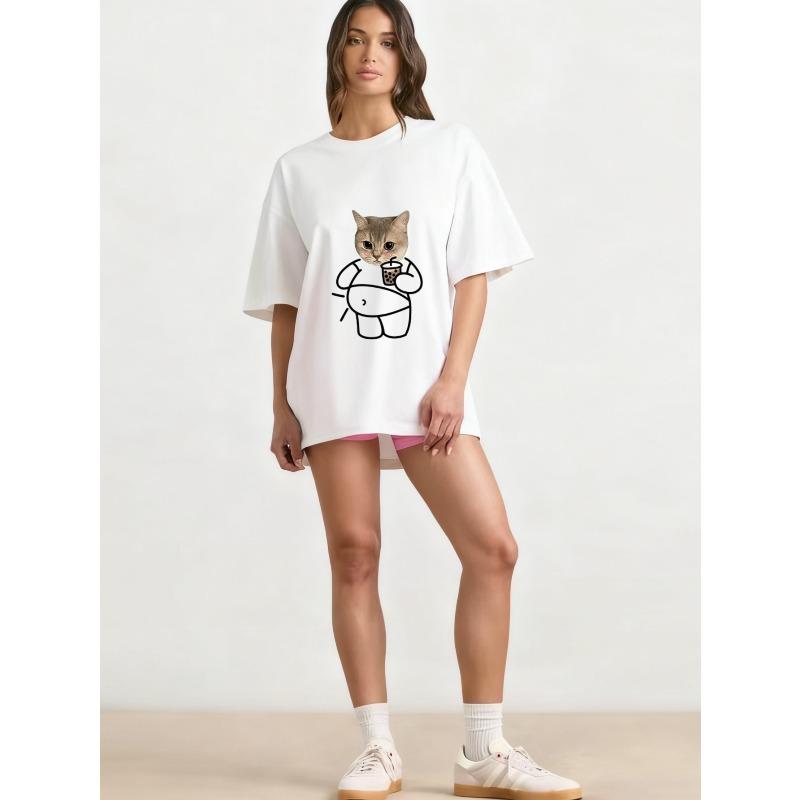 Oversized T Shirt Black Cat Face Print Casual Wear for Women Summer Fashion Loose Fit Streetwear Style