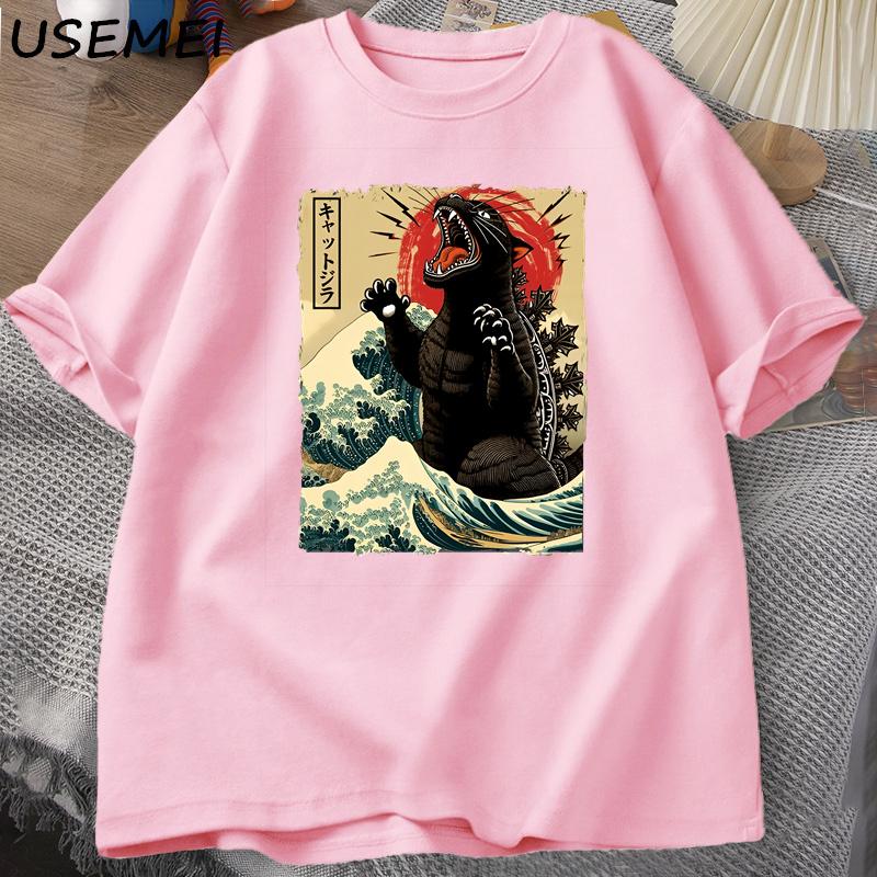 

Catzilla Cat T-Shirt for Cat Owner Clothes Funny Harajuku Oversized T Shirts Men s Cotton Tshirt Unisex Printed Cat Lover Clothes XXXL рожевий