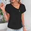 New Chic Womens Asymmetrical Neck Puff Sleeve Blouse Casual Button Detail Short Sleeve Top Elegant Loose Fit Summer Shirt for Work  Everyday Wear