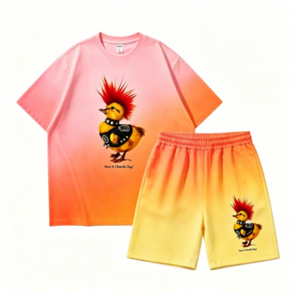 Funny Hip Hop Chicken Printed Outdoor Street Kids T-shirt and Shorts 2 Piece Set Summer Home Casual Outfit Boy and Girl's Sports Set