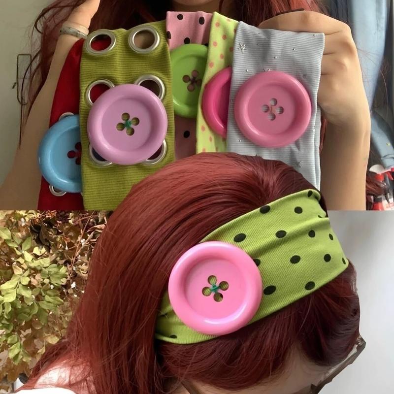 Summer Dopamine Large Button Wave Dot Headband Fashionable Ins Style Elastic Headband Colorful Hair Accessories For Women Girls