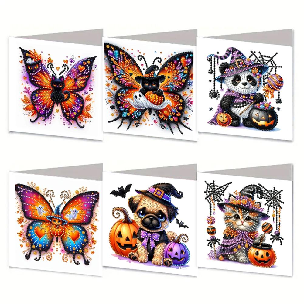 

6Pcs Rhinestone Diamond Art Mosaic Postcards DIY Diamond Painting Greeting Card Set Halloween Theme Creative Halloween Card Kit