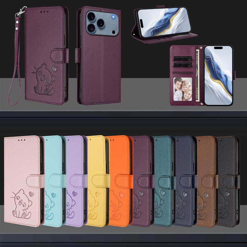 Applicable iPhone17promax iPhone leather case17AiR Heart-shaped cat flip cover card holder15Pro Protective Sleeve