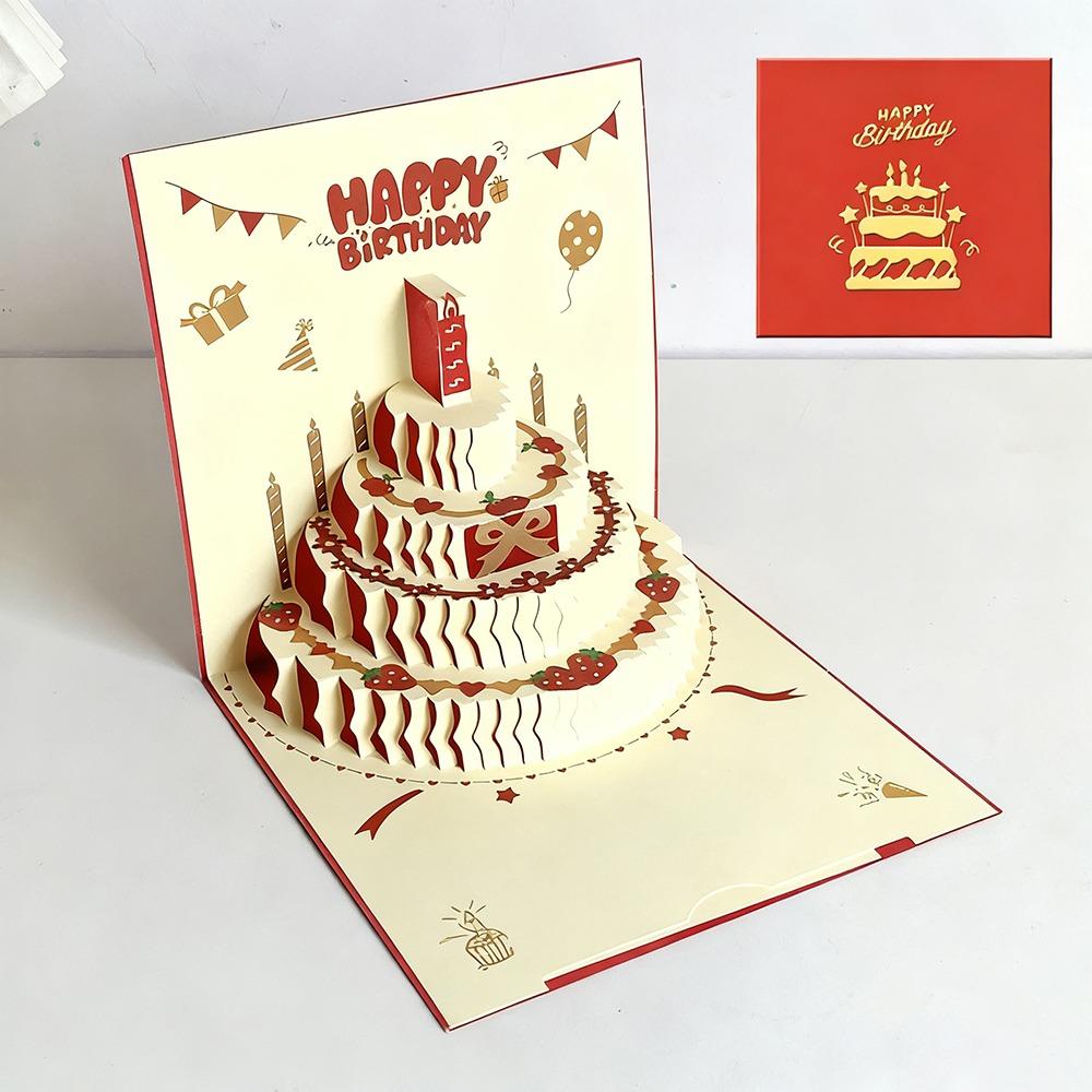 New 3D Happy Birthday Card with Envelope Four-Layer Birthday Cake Musical Light Greeting Card Foldable Pop Up Gift Card