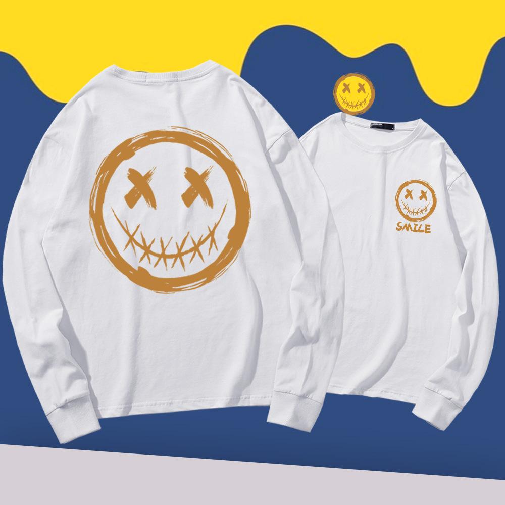 Japanese long-sleeved T-shirt men's summer tide personality graffiti smiley face print little devil grimace Hong Kong style loose top