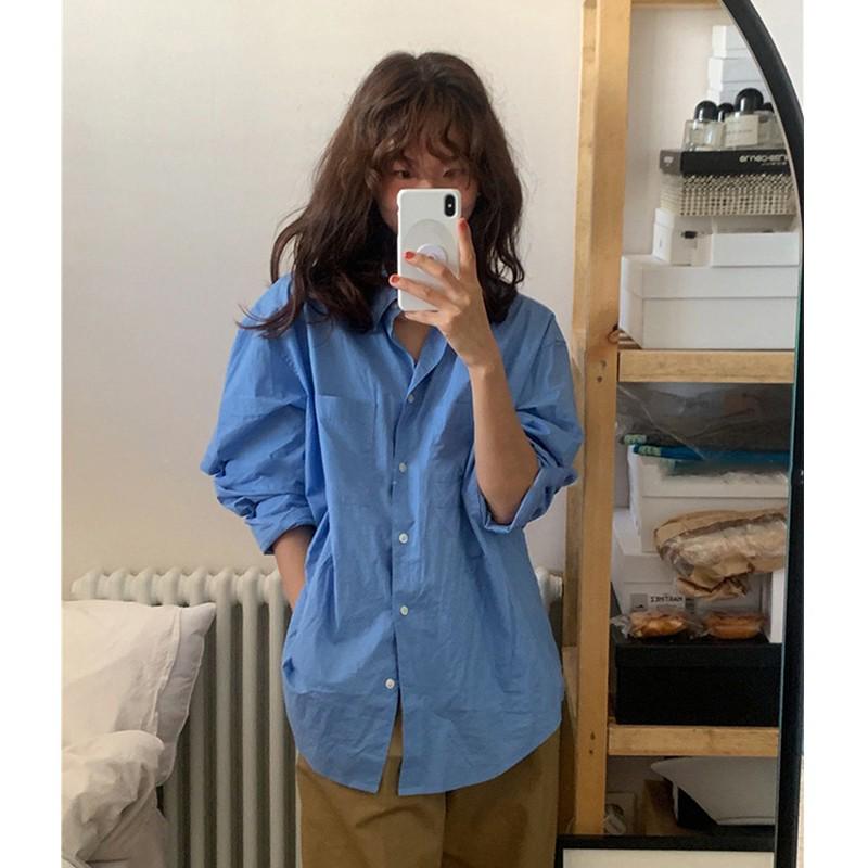 In Stock: Women's Korean Dongdaemun Blue Classic Long-Sleeve Loose Fit Spring Shirt