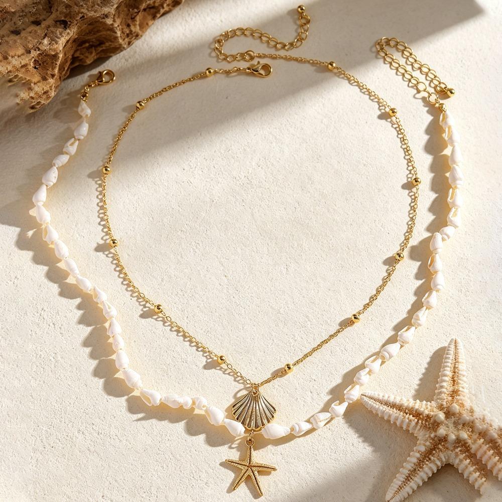 2pcs Set Fashion Starfish Shell Pendant Double-layer Necklace for Women Stacked Collar Chain Beach Vacation Jewelry Sets Gifts