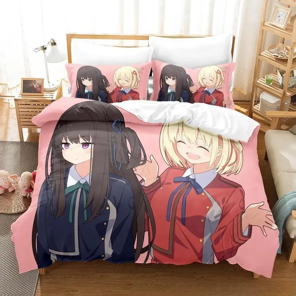 Lycoris Recoil Zestaw Pościeli Pojedynczy Bliźniak Pełny Queen King Size Zestaw na Łóżko Dorosły Dziecko Sypialnia Zestawy Poszewek na Kołdrę 3D Anime Zestaw Prześcieradeł