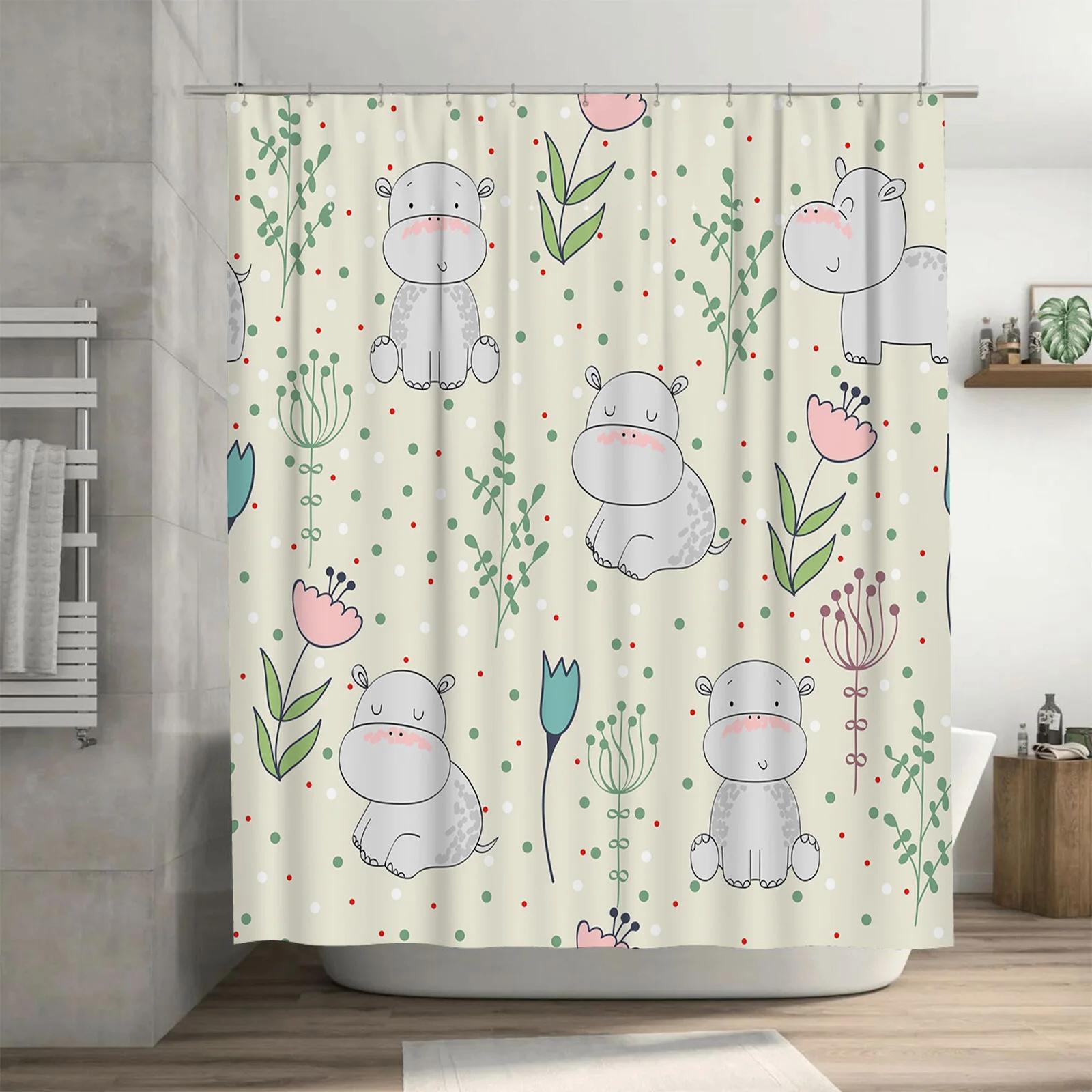 Tonnika Chen Adorable Hippo Family Shower Curtain Neutral Colors With Greenery Flowers For Bathroom Decorations Set Inclusive