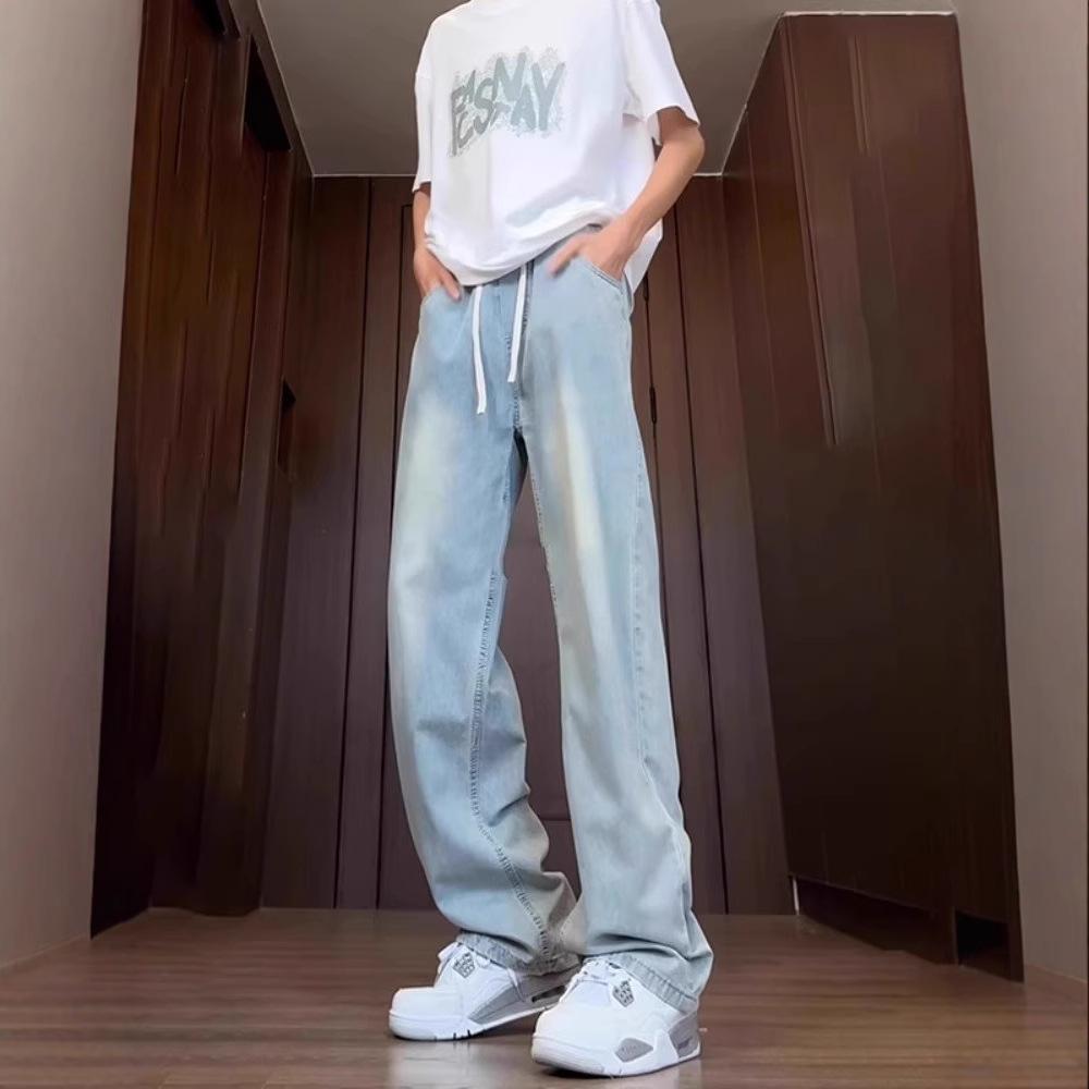 Light Blue Ice Silk Jeans Men's Thin Summer Straight Teen Pants Extended Tall Drawstring Wide-leg Pants