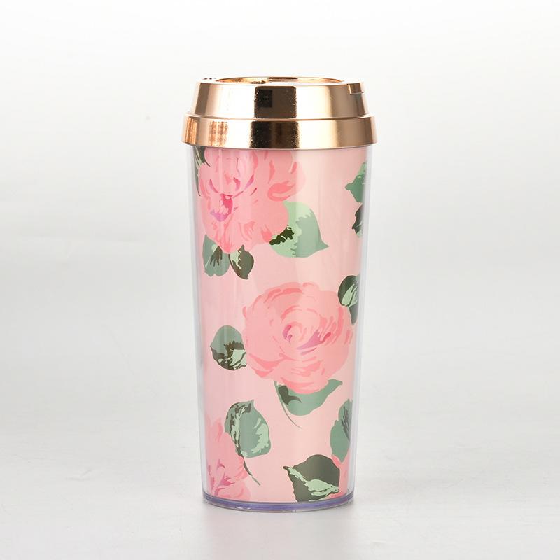 Double Layer Thickened Coffee Cup Insert Card Flower 16Oz Plastic Water Cup Heat Insulation Portable Water Cup