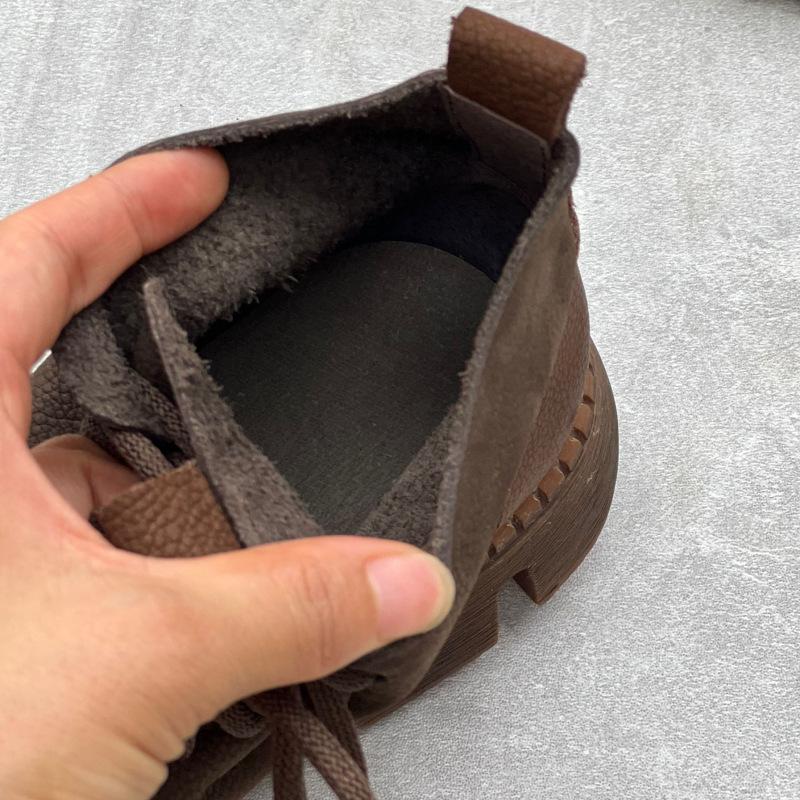 Johnature Vintage handgemachte echtes Leder dicke Sohle kurze Stiefel runde Spitze Schnür-Plattform-Schuhe