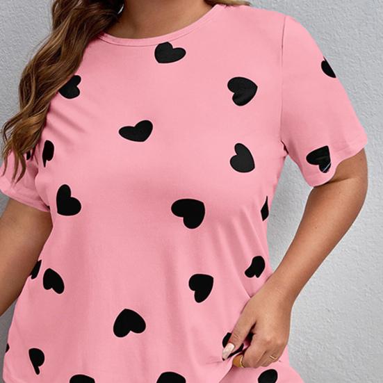 2 Pcs/Set Women Summer Pajamas Cartoon Heart Print Round Neck Short Sleeve T-shirt Elastic Waist Shorts