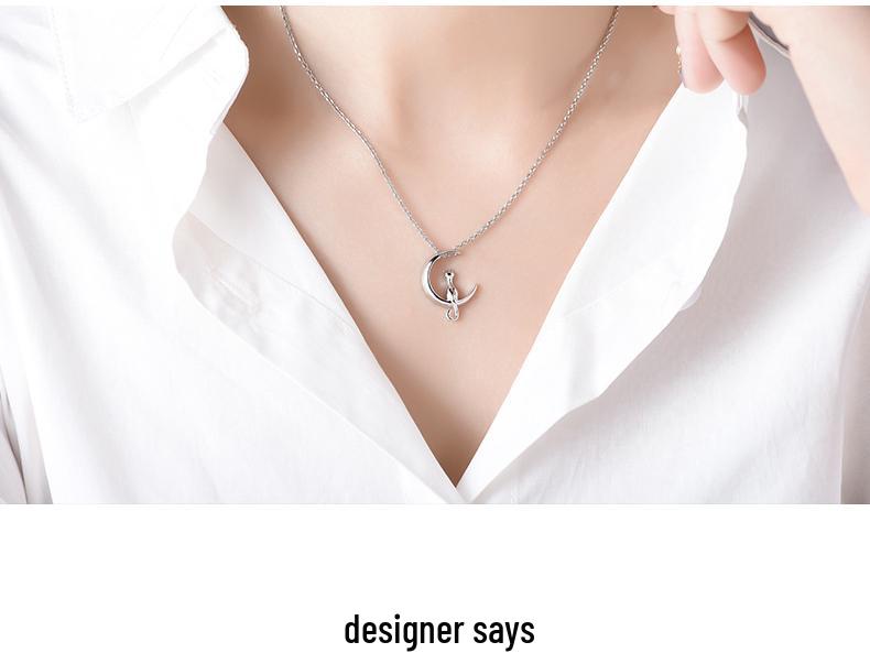 S925 Sterling Silver Cat On Moon Necklace - Cute Korean Style Clavicle Chain for Women