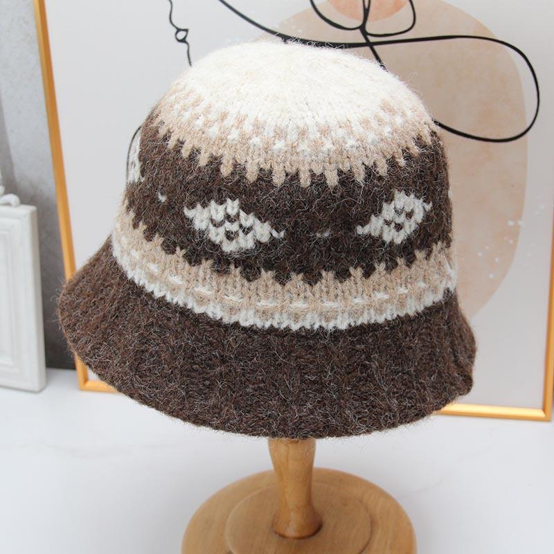 Vintage Fair Island jacquard knitted bucket hat women's autumn and winter thickened warm wool hat showing face small bucket hat