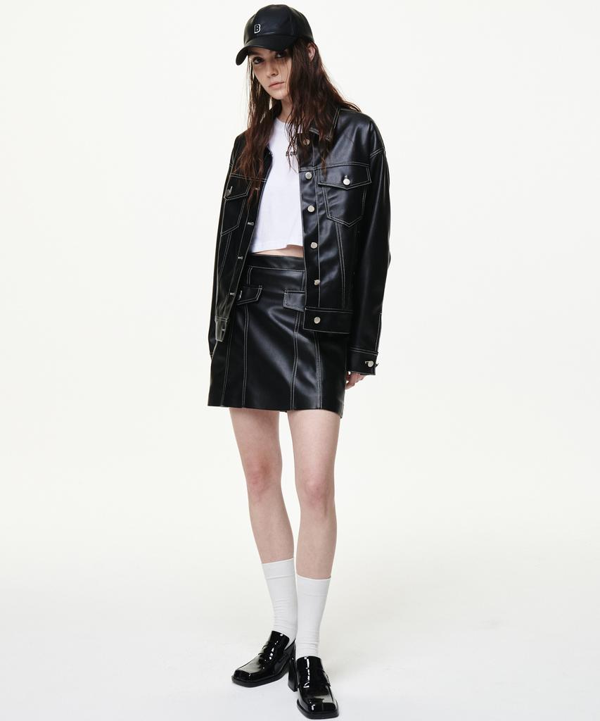 Bikwaieos Faux Leather Pocket Mini Skirts_Black