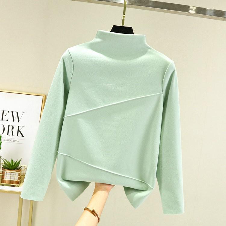 Women's Double-Sided Fleece Semi-High Neck Long-Sleeve Korean-Style Autumn/Winter T-Shirt with Double-Stripe Design