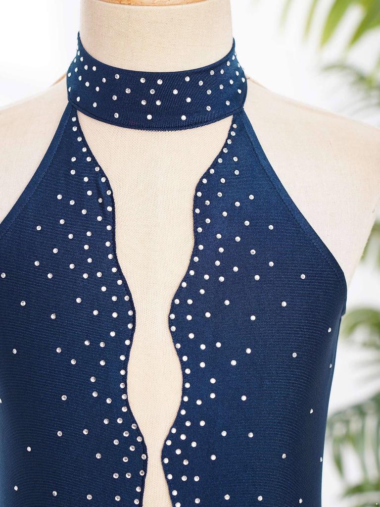 Dívčí třpytivé lyrické představení šaty Průsvitný síťovaný patchwork Falešný výstřih Otevřená záda Šaty s nepravidelným lemem