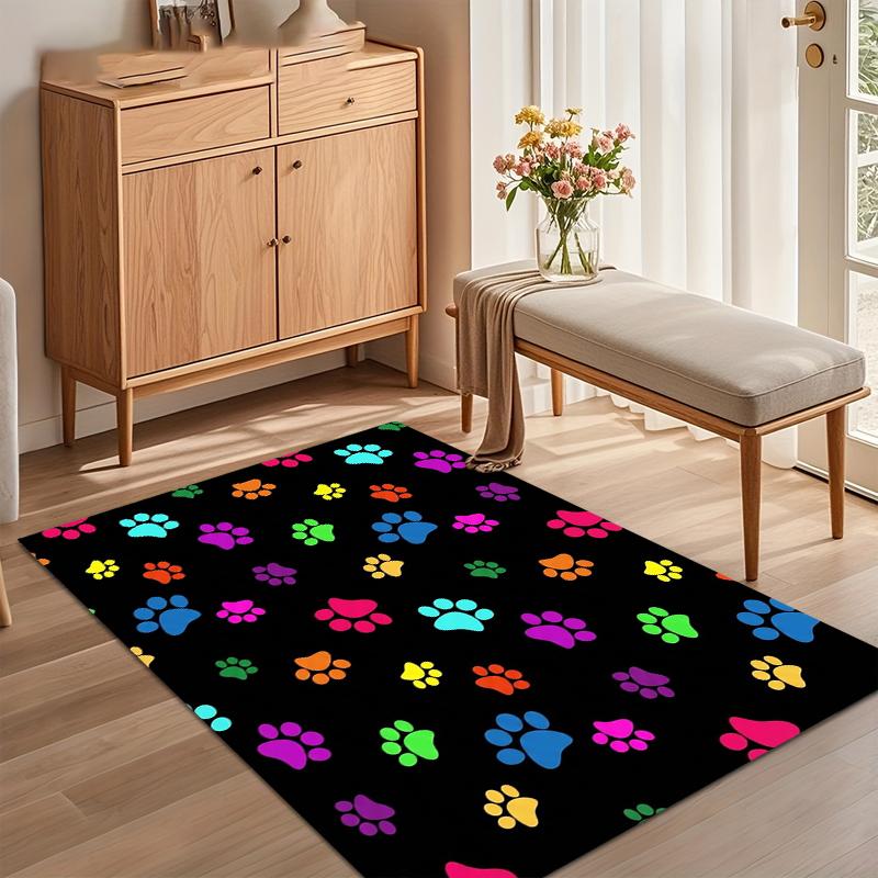 Black Area Rug with Vibrant Multicolor Paw Prints Floor Mat for Bedroom Living Room Nursery Playful Pet Themed Home Decor