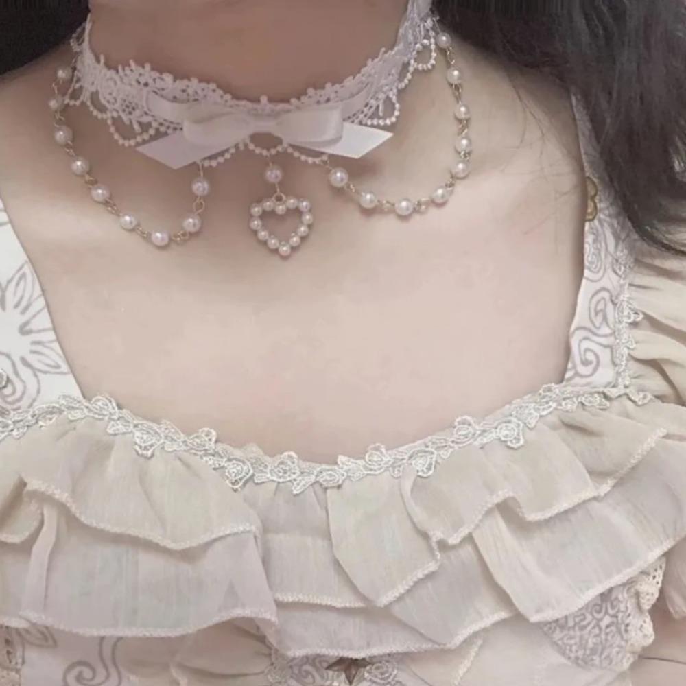 Collier ras-du-cou Lolita Rose Dentelle Nœud Perles Franges Pendentif Cœur pour Femmes Y2K Princessse Gothique Collier Cosplay Bijoux de Fête