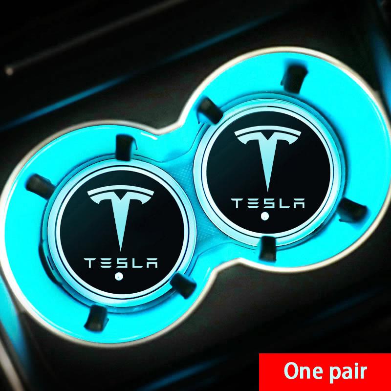 2Pcs 7 Colors Car LED Luminous Water Cup Pads Auto Coaster Mats for Tesla Model Y Model 3 Model S Model X Auto Accessories