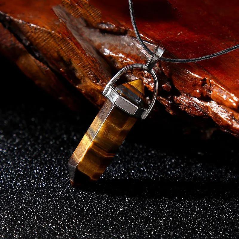 Stylish Hexagonal Crystal Gemstone Pendant Necklace with Gold Cap