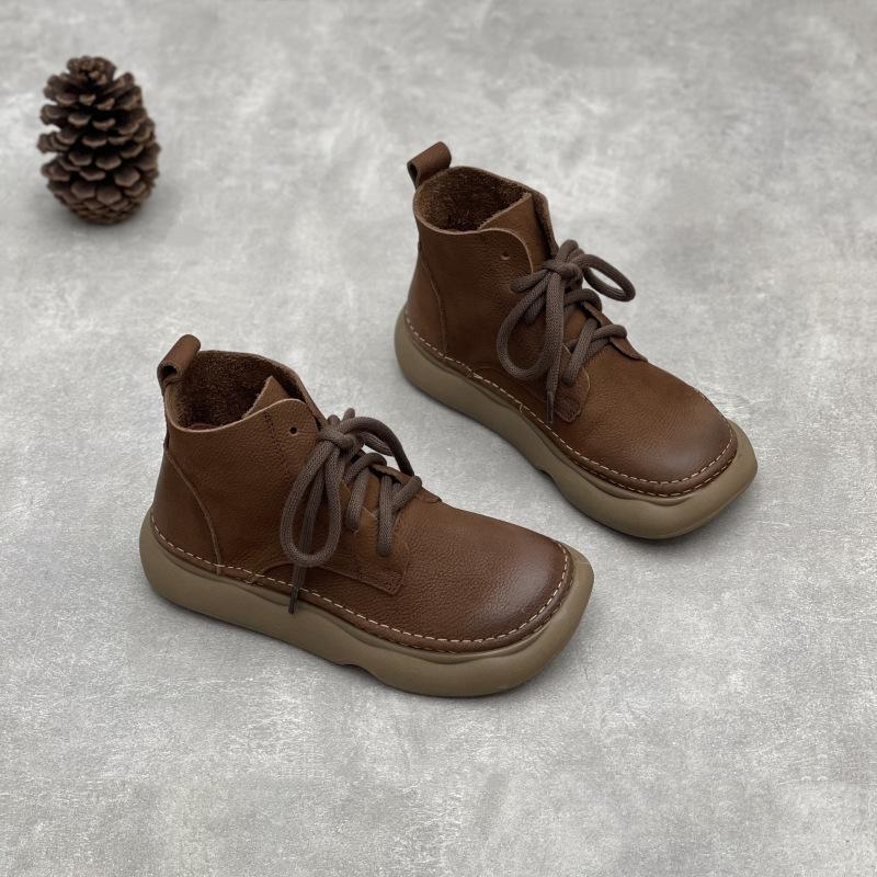 Johnature Retro Genuine Leather Short Boots Wide Toe Lace Up Cowhide Soft Sole Women's Boots