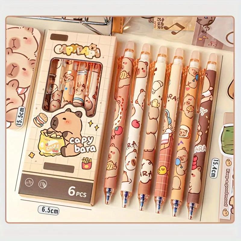 6 Cute Capybara Erasable Pens 0.5mm Fine Tip, Quick-Dry Ink, Retractable Rollerball w/ Eraser, Yellow-Brown, Office & School