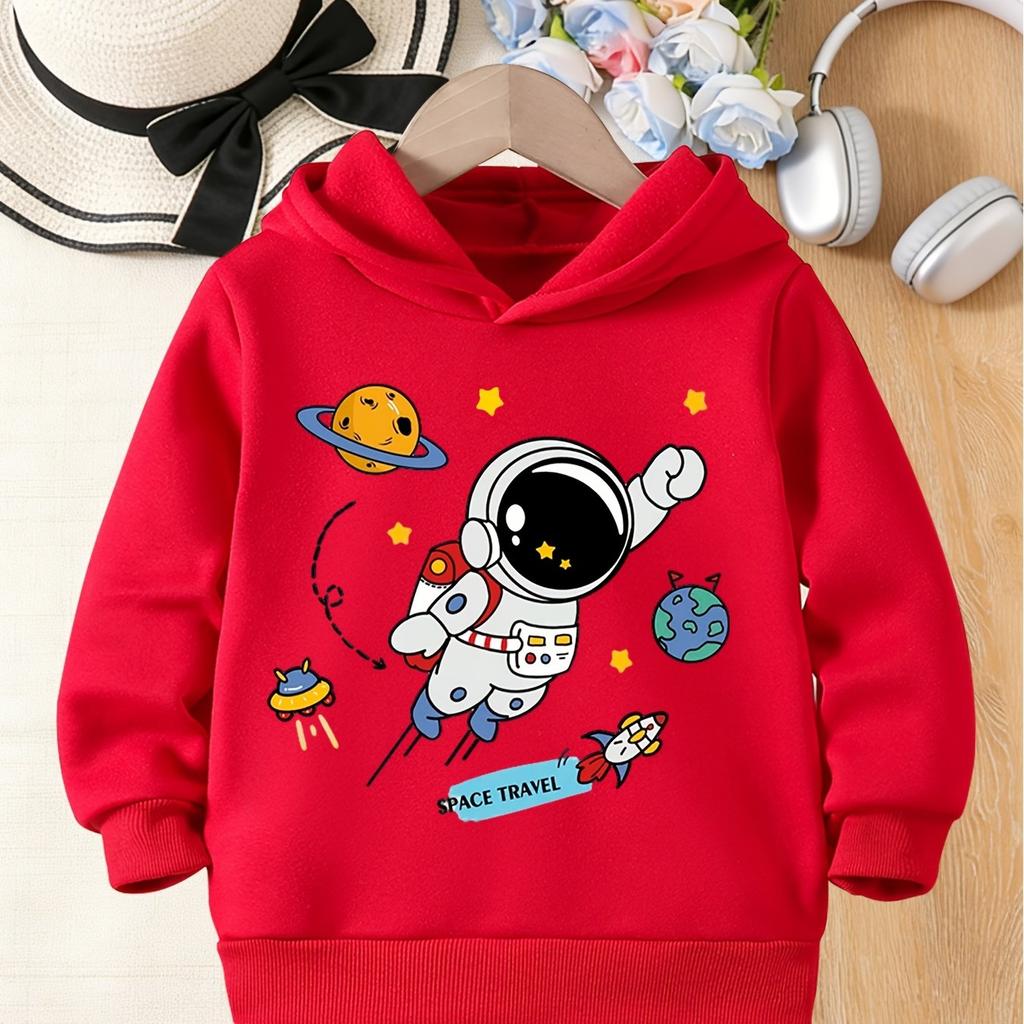 Space Travel Astronaut Cartoon Printed Hooded Sweatshirt for Kids, Soft Fabric, Cool Space Theme Design, Casual Hoodie For Boys Girls Cold Season
