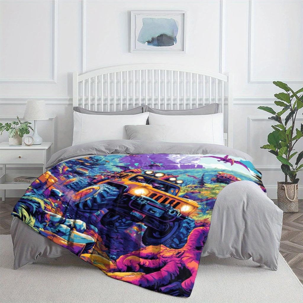1pc Adventure Offroad Vehicles Mountains Jungle Dinosaurs Colorful Print Flannel Blanket Outdoor Themed Blanket for Teens