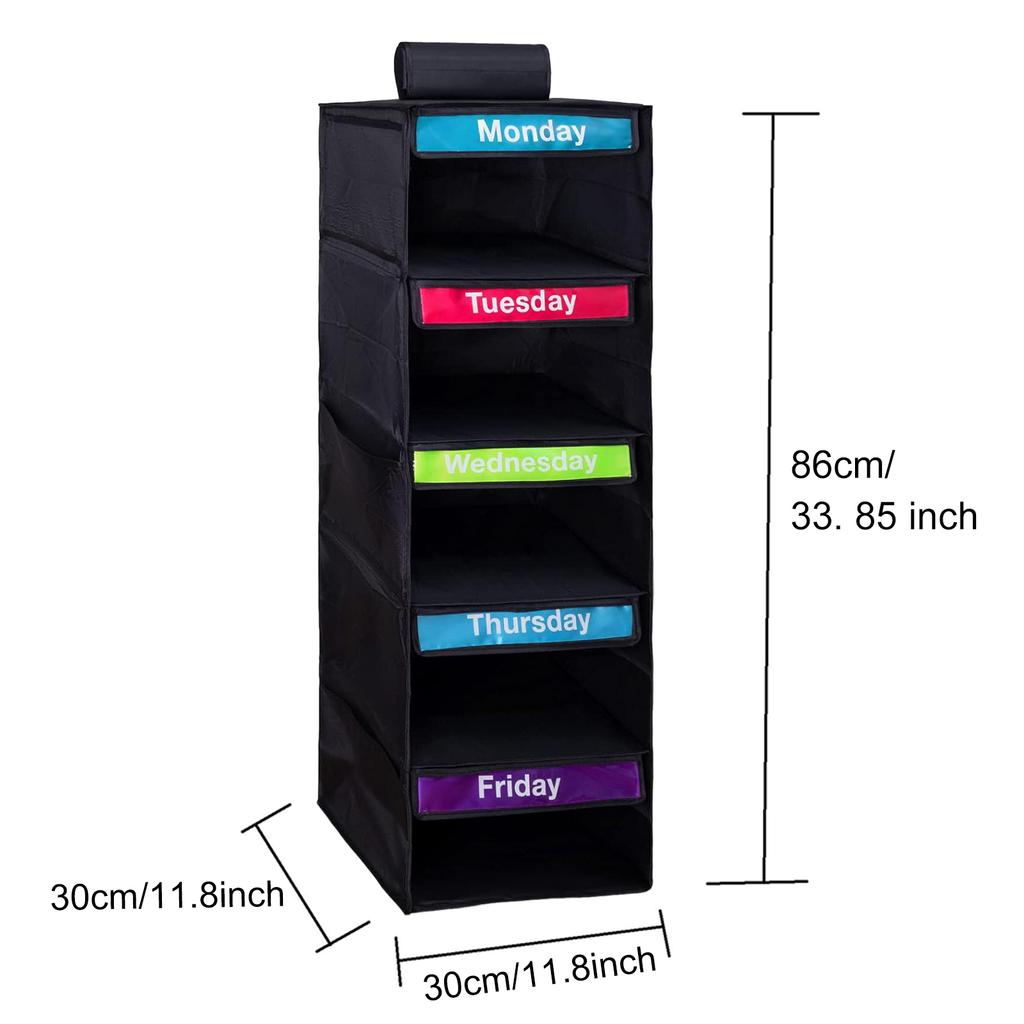 5-Shelf Hanging Closet Organizer with 5 Side Pockets Weekly Clothing Divider with Labeled Days Hanging Storage Shelves for Home
